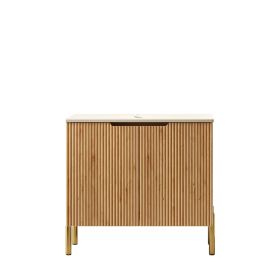 30" TURIO Freestanding Roma Travertine-Pattern Sintered Stone Counter Top and Natural Woodgrain Plywood Cabinet with Two Doors, NO Basin