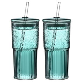 20 oz 2-pack green glass straw cup with vertical pattern cup and lid, high borosilicate heat-resistant glass cup for juice, milk and cold drinks