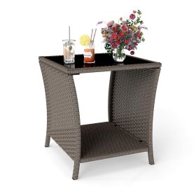 PPL Outdoor Side Tables for Patio - Tempered Glass Top Small Patio Wicker Table with Storage Shelf for Balcony & Porch, Durable PE Rattan & Iron