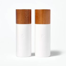 Ceramic Salt and Pepper Grinder Set Cream Wood & Stoneware, 6.25" Height, 55 Volume Capacity, 2-Piece Set