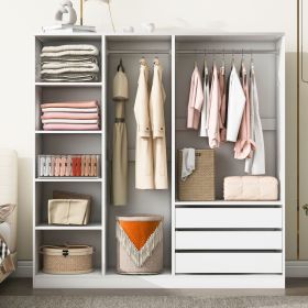 Doorless Wooden Storage Wardrobe for Dedroom with Shelves and 3 Drawers, White