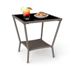 PPL Square Outdoor Patio Side Table with Glass Top - Durable Rattan & Metal Frame, Compact Wicker End Table with Storage Shelf for Garden, Balcon (Color: Taupe)