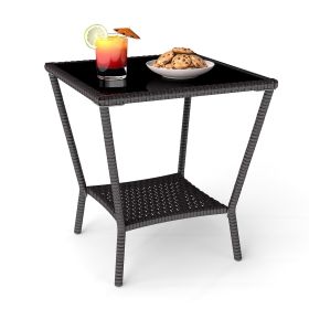 PPL Square Outdoor Patio Side Table with Glass Top - Durable Rattan & Metal Frame, Compact Wicker End Table with Storage Shelf for Garden, Balcon (Color: Brown)