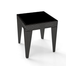 PPL Outdoor Side Table - Wicker Square Patio Table for Porch, Tempered Glass Top Small Outdoor End Table with Sturdy Metal Frame (Color: Brown)